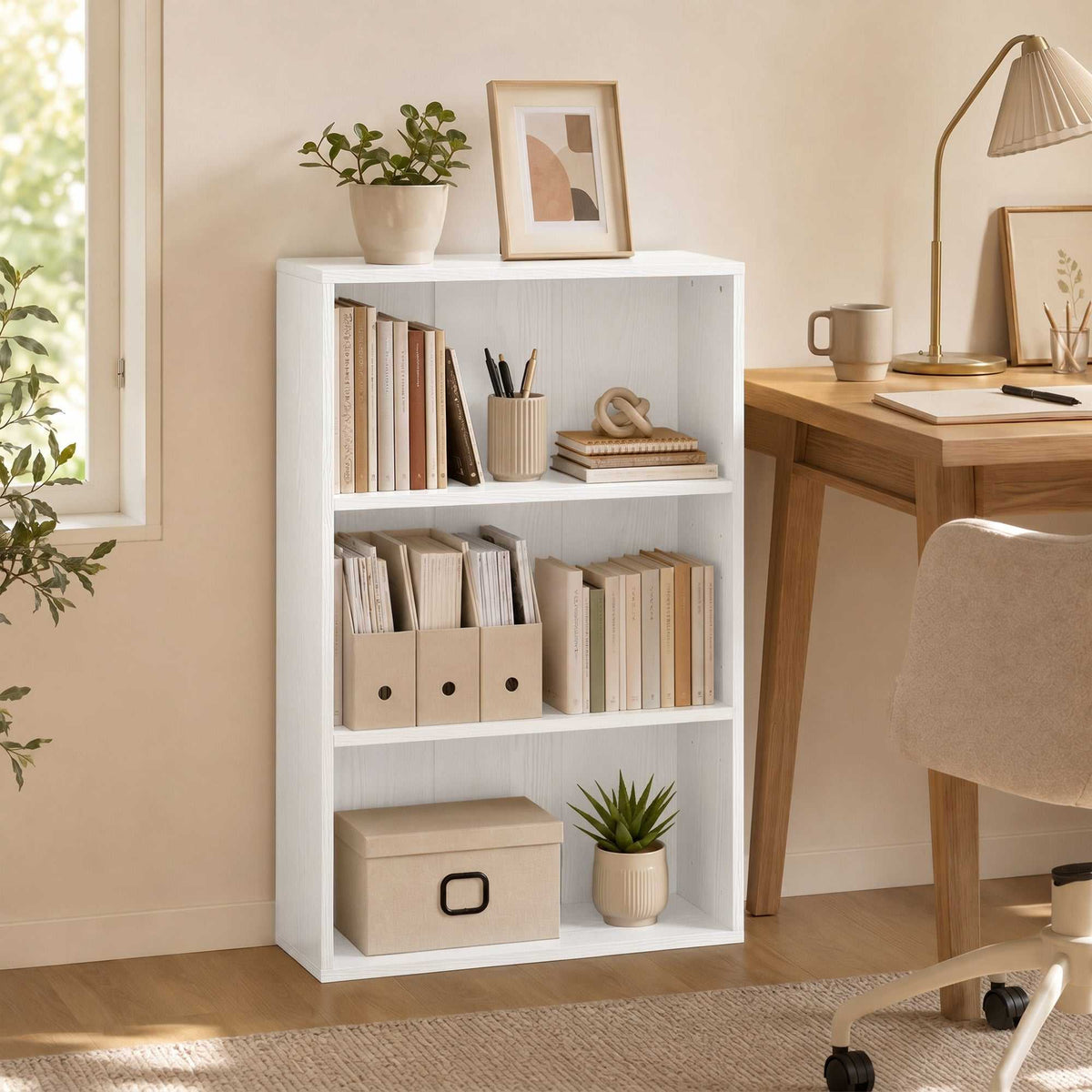 Bibliothèque étagère de rangement avec 3 compartiments et étagère réglable, 60 x 24 x 93 cm, blanc-1