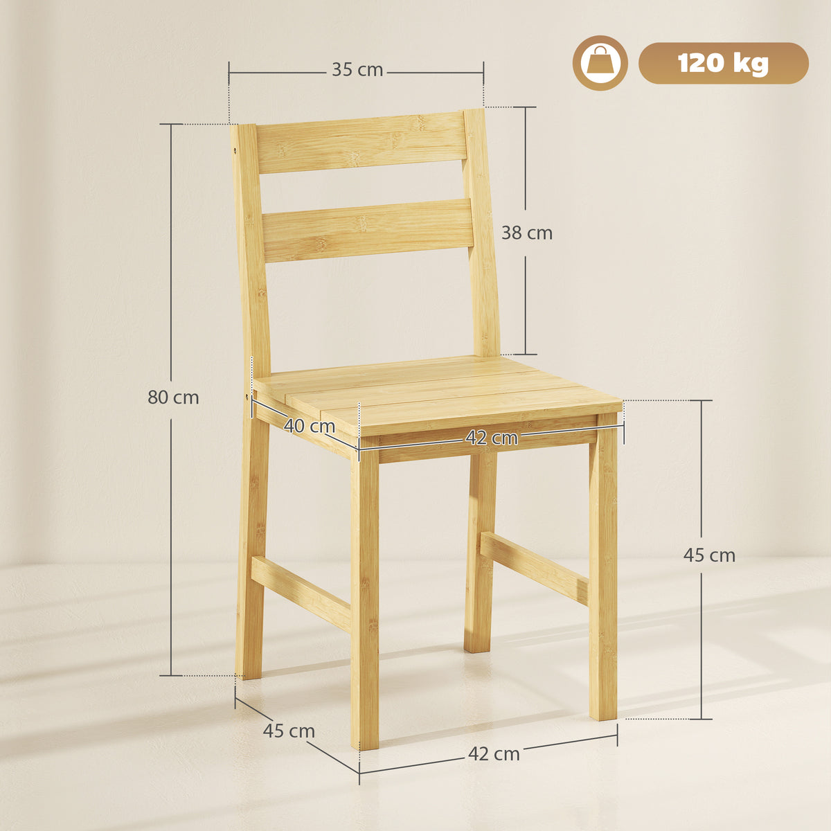 Lot de 2 chaises de salle à manger en bambou, chaises de cuisine sans accoudoirs avec assise à lattes, bois naturel-2