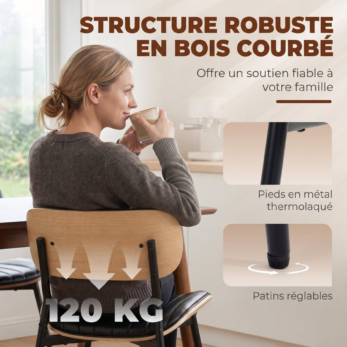 Lot de 2 Chaises de Salle à Manger, Chaises Cuisine sans Accoudoirs, Dossier Incurvé et Assise Rembourrée en PU, Noir-5