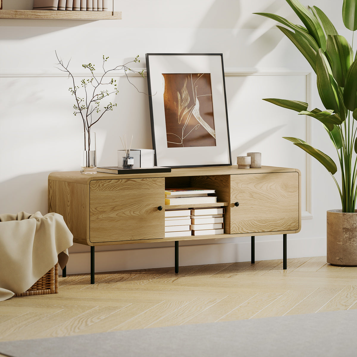 Meuble TV, meuble télé jusqu'à 55 pouces avec 2 portes, 2 compartiments ouverts, pieds en acier, 120x40x50cm, chêne-8