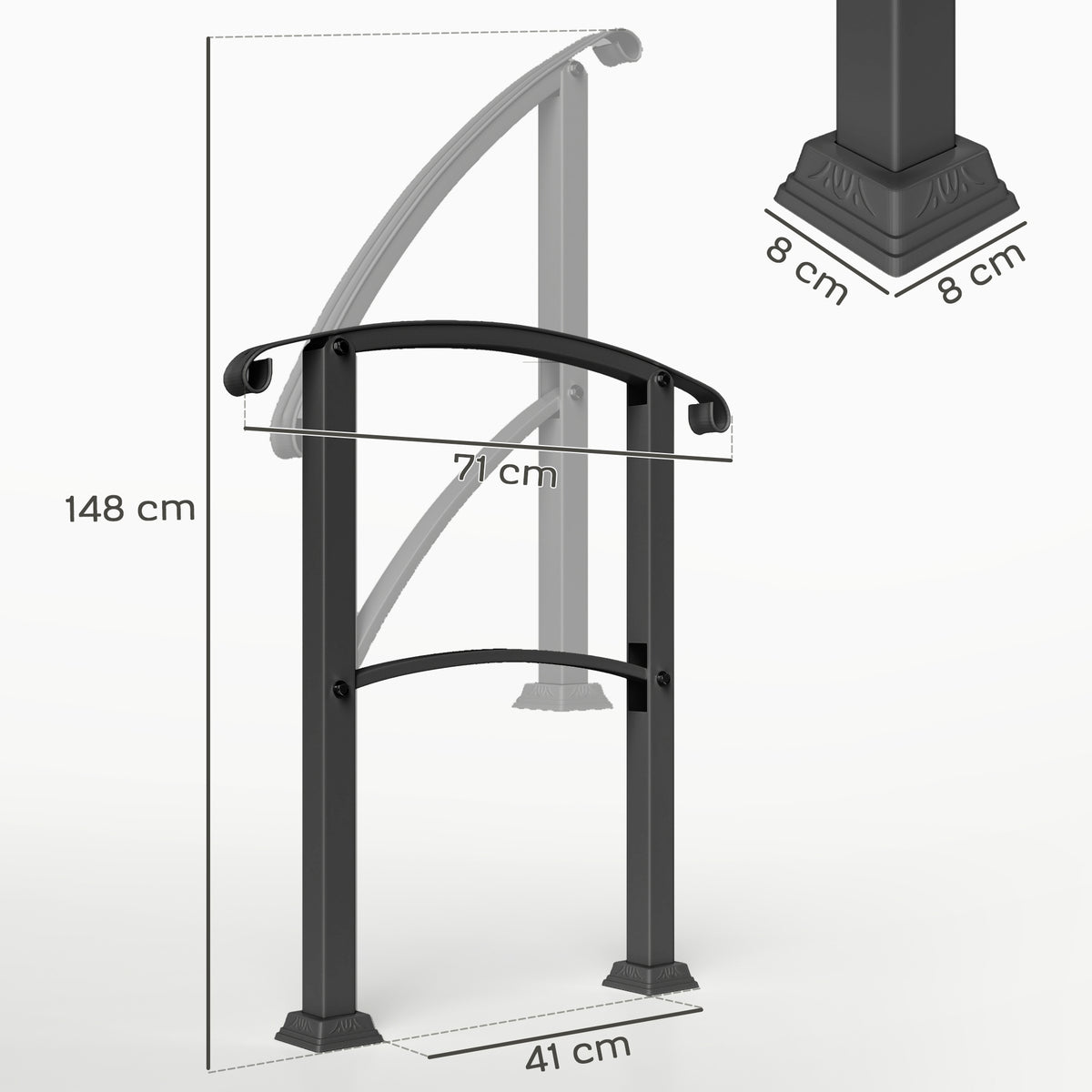 Rampe d'escalier 1 à 3 marches garde-corps pour escalier réglable 0-45° avec kit d'installation 71 x 8 x 148 cm noir-2