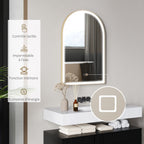 Miroir de salle de bain LED 90 x 60cm, mural, 3 couleurs, arqué cadre en aluminium, désembuage et interrupteur tactile-7