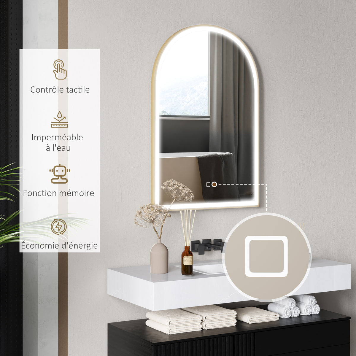 Miroir de salle de bain LED 90 x 60cm, mural, 3 couleurs, arqué cadre en aluminium, désembuage et interrupteur tactile-7