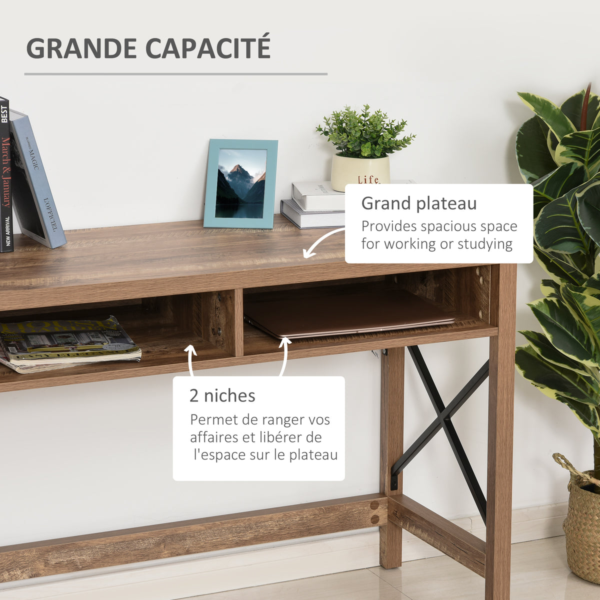 Bureau Design Industriel Grand Plateau 2 niches métal Noir Panneaux Particules Imitation Bois veinage Marron-4