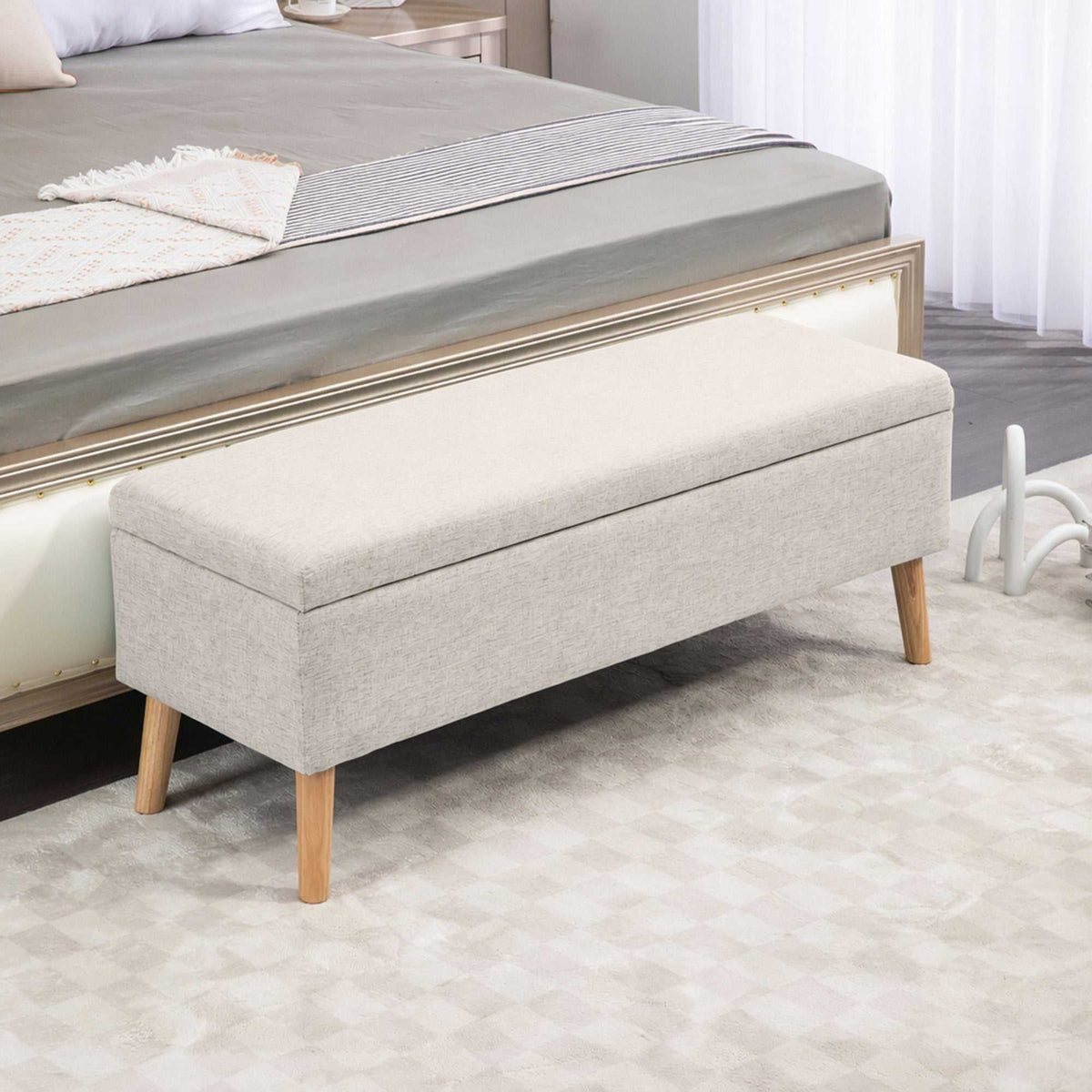Banc coffre rangement rembourré aspect lin pour chambre à coucher, entrée, salon, charge 220 Kg, 110 x 39 x 45 cm, beige-1