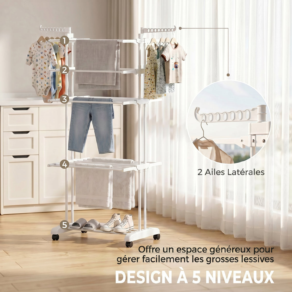 Séchoir à linge pliable 4 niveaux avec roulettes, étendoir linge intérieur avec ailes latérales, cadre en acier, blanc-3