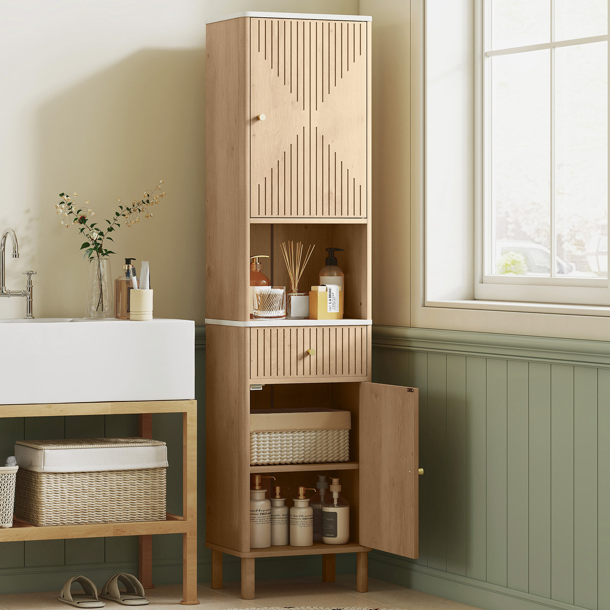Armoire salle de bain haute meuble de rangement colonne avec tiroir coulissant silencieux 2 placards 41,5x30x168cm chêne-9