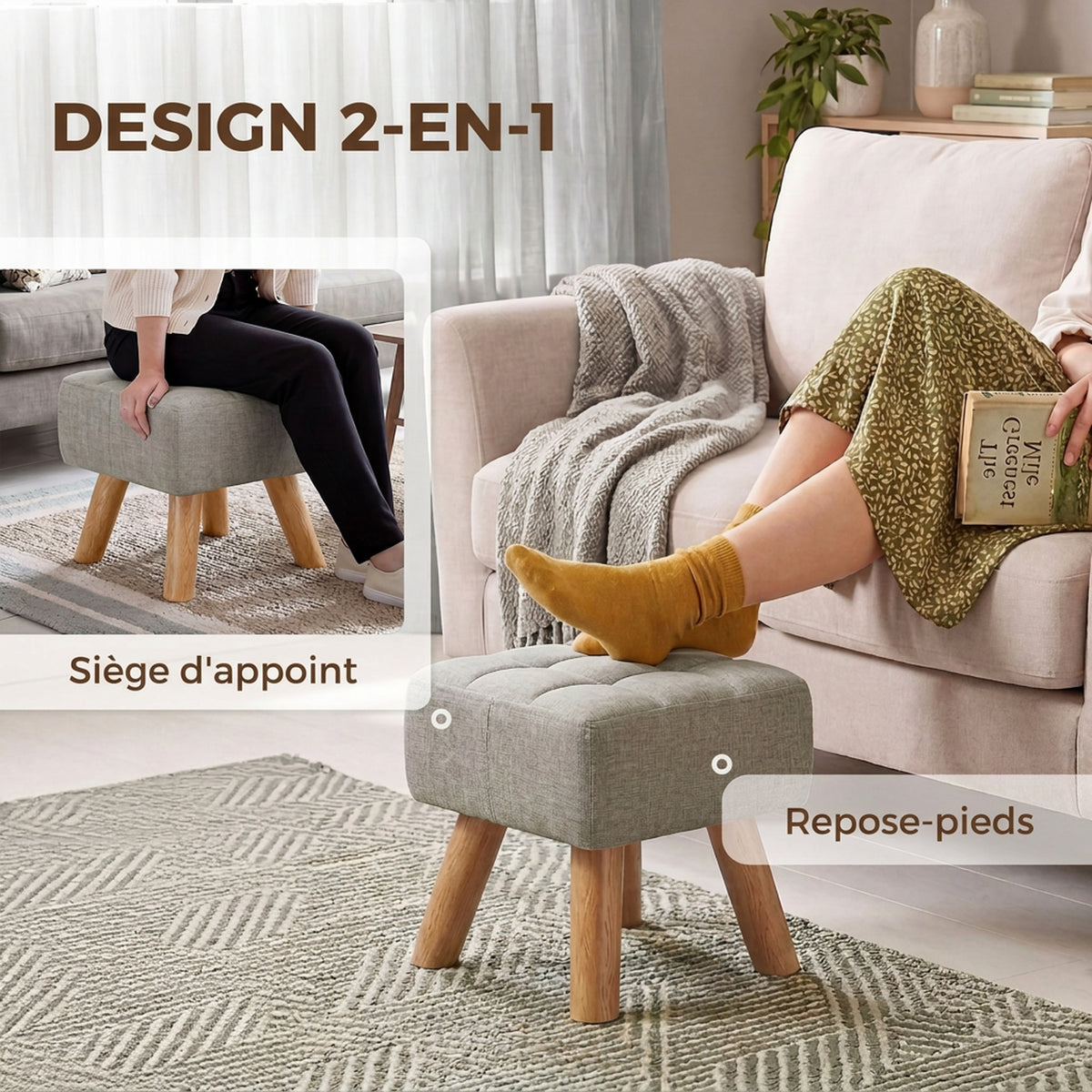 Repose pied salon ottoman siège rembourré en tissu avec pieds en bois 27 x 27 x 26 cm gris clair-3