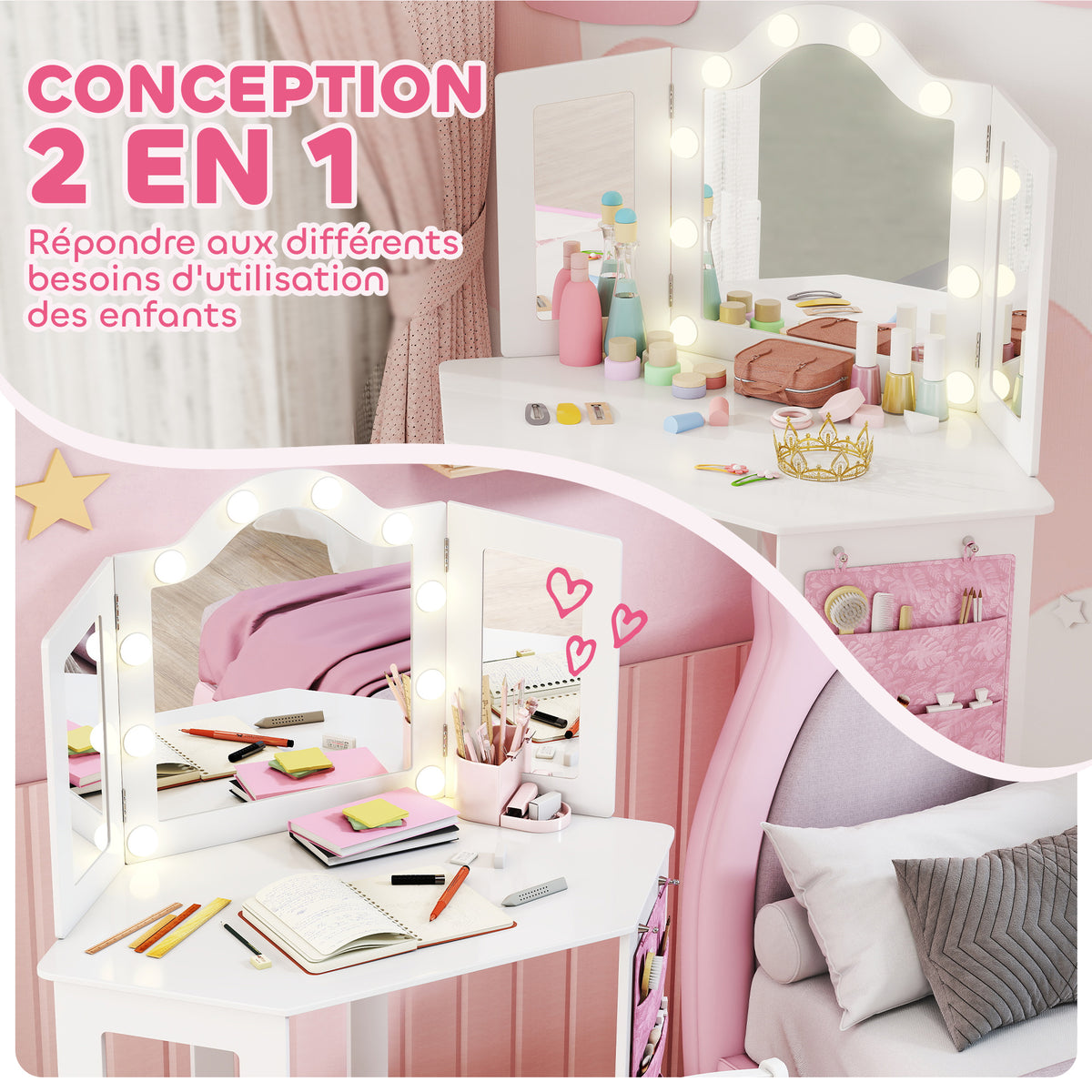 Coiffeuse enfant 2 en 1 avec tabouret miroir triptyque et lumières LED bicolores 93,6 x 48,5 x 111,5 cm blanc-3