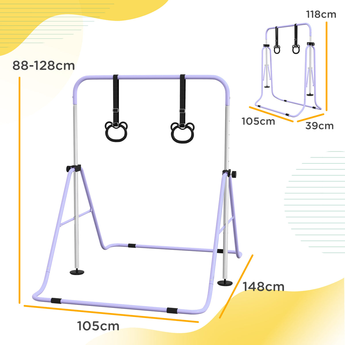 Barre de gymnastique pour enfants, barre horizontale pliable à hauteur réglable avec anneaux de gymnastique, violet-2