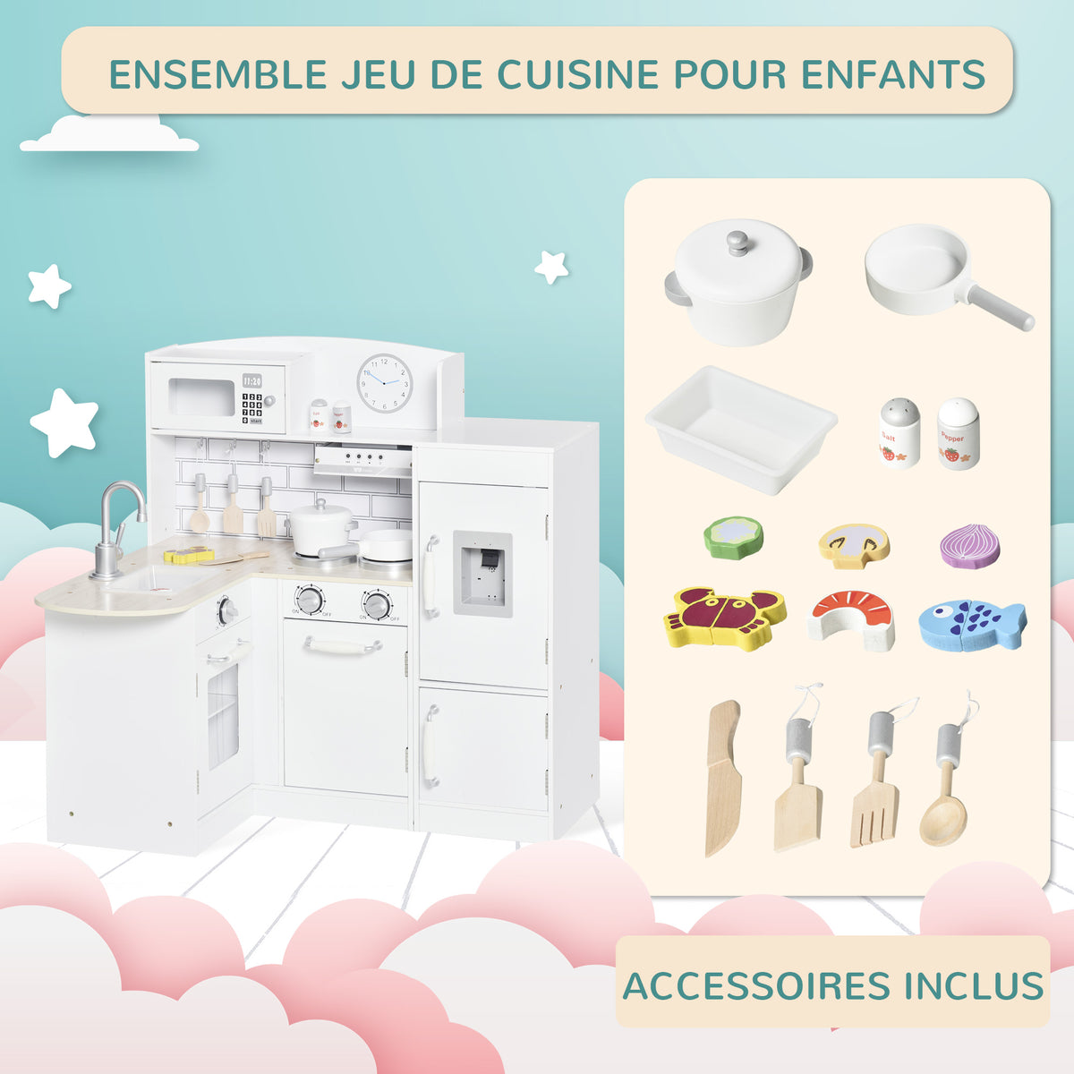 Cuisine Bois Jeu d'imitation - Cuisine Enfant 3+ Ans - Nombreux Accessoires & rangements Inclus - micro-ondes, hotte, évier avec robinet - MDF pin Blanc-4