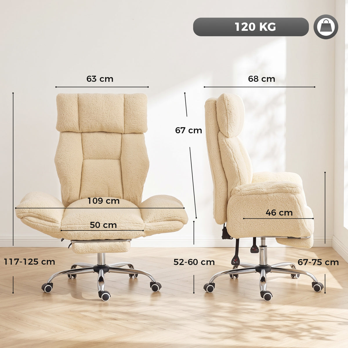 Chaise Bureau Ergonomique avec Accoudoirs Rabattables 5 Niveaux, Fauteuil de Bureau Inclinable en Tissu Teddy, Crème-2