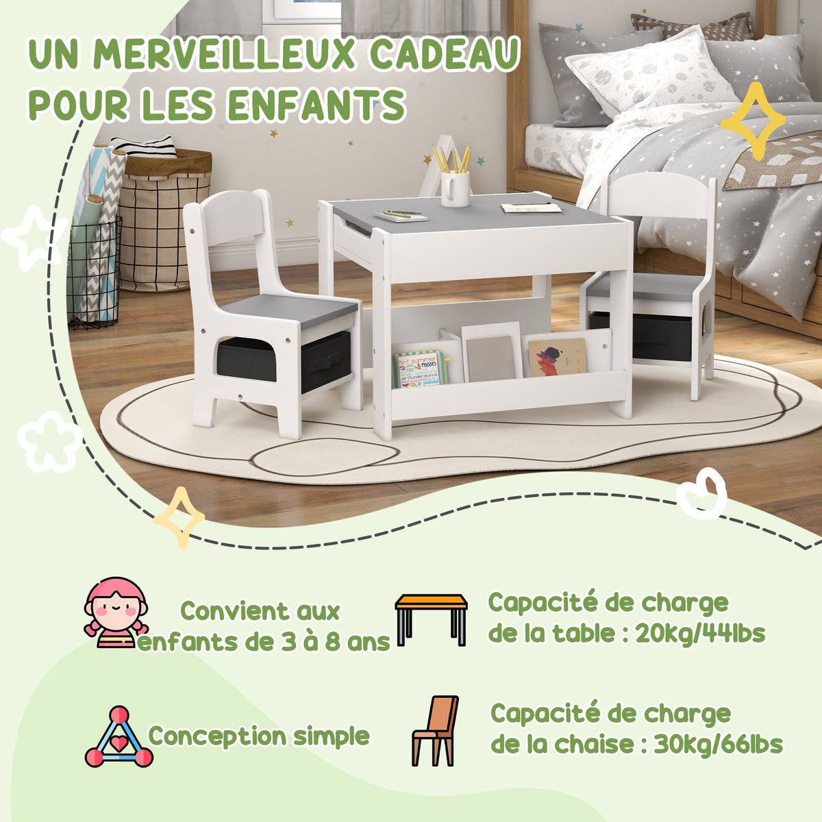 Ensemble 3 pièces table et 2 chaises pour enfant avec plateau réversible tableau noir, panier de rangement, étagères-4