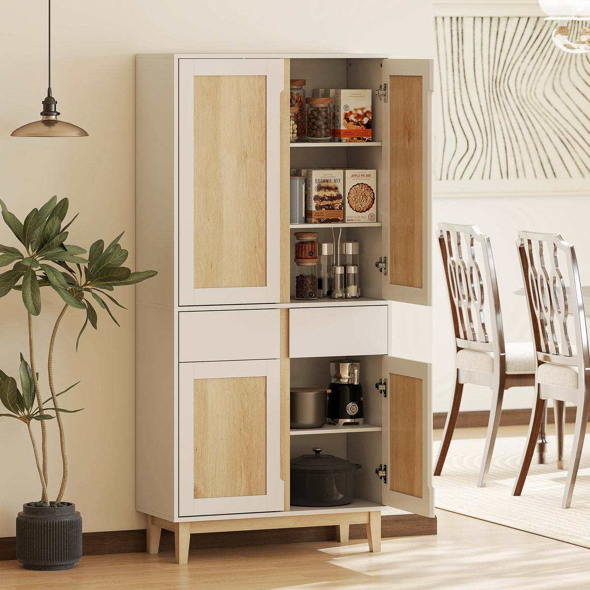 Buffet haut cuisine, armoire de cuisine avec 4 portes, 2 tiroirs et étagères réglables, 80x35x170cm, blanc et chêne-1