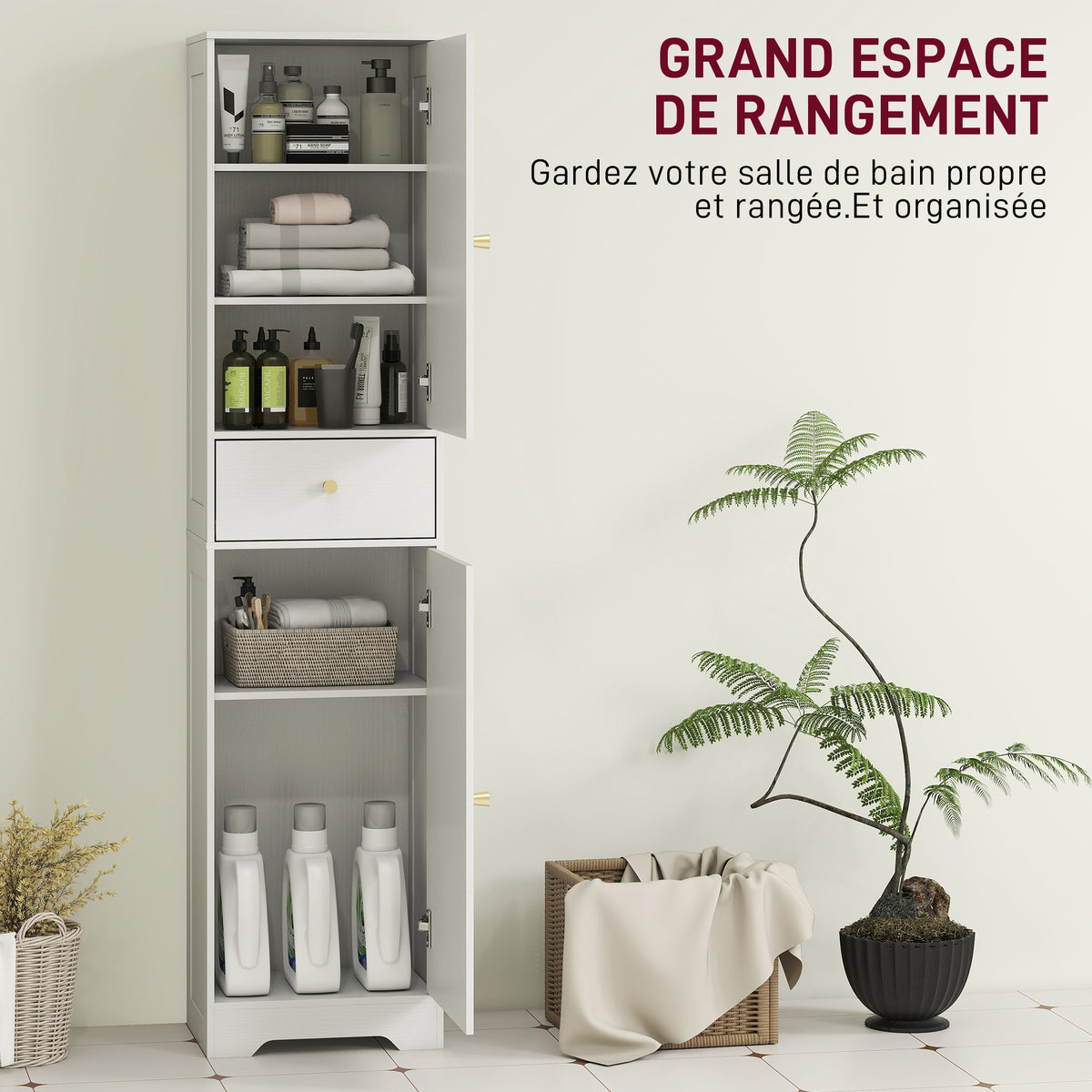 Armoire salle de bain haute meuble de rangement colonne avec placards tiroir et étagères réglables 40x29,5x170cm blanc-3