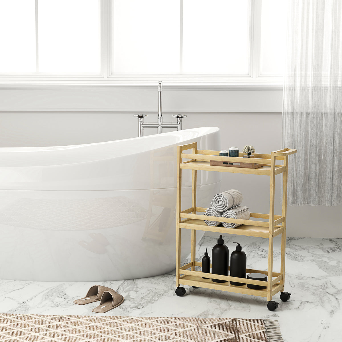 Étagère de rangement de salle de bain en bambou à 3 niveaux avec roulettes pour cuisine, salle de bain, salon - naturel-8