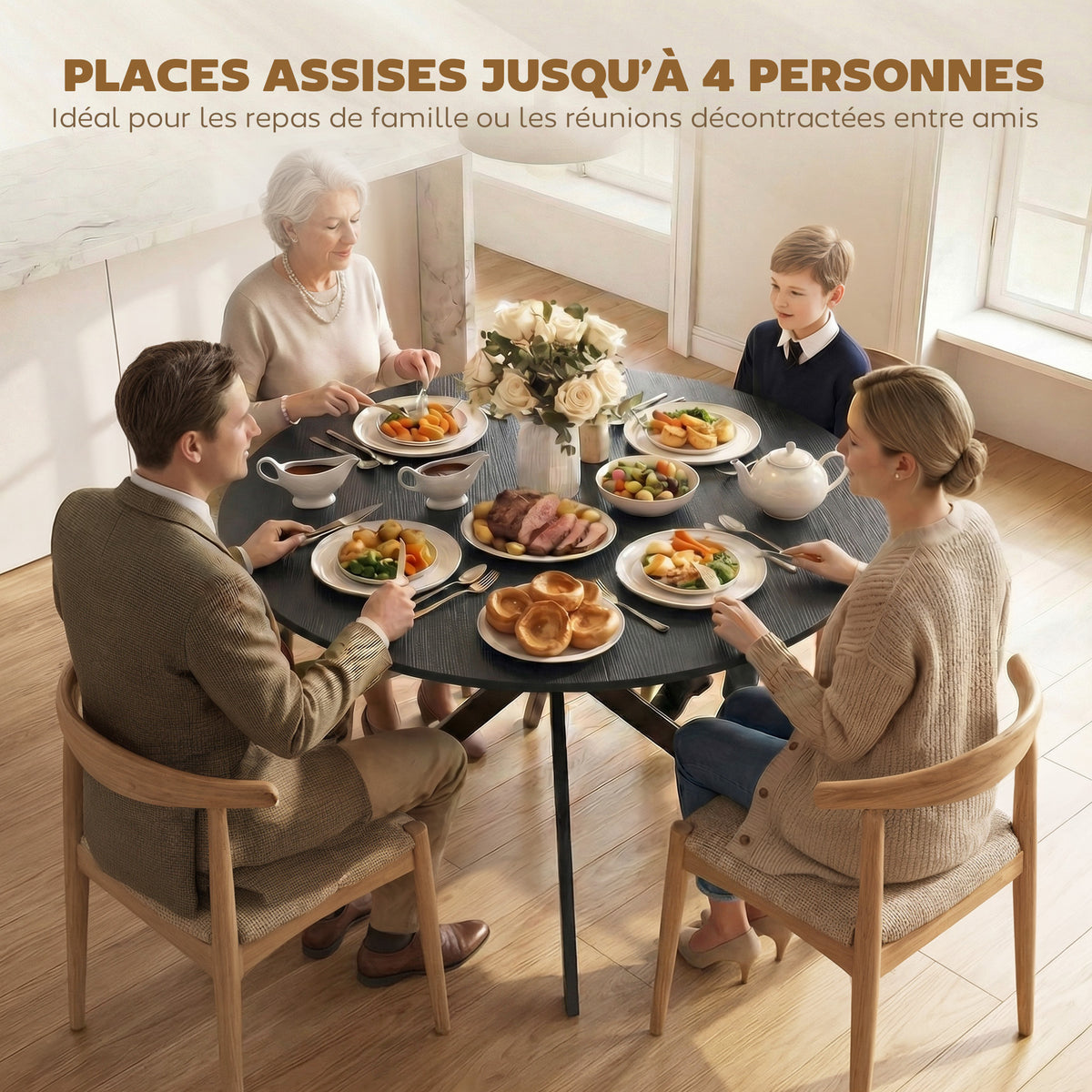 Table à Manger Ronde pour 4 Personnes 100 cm, Style Industriel avec Plateau Aspect Bois, Piètement Croisé en Acier, Noir-4