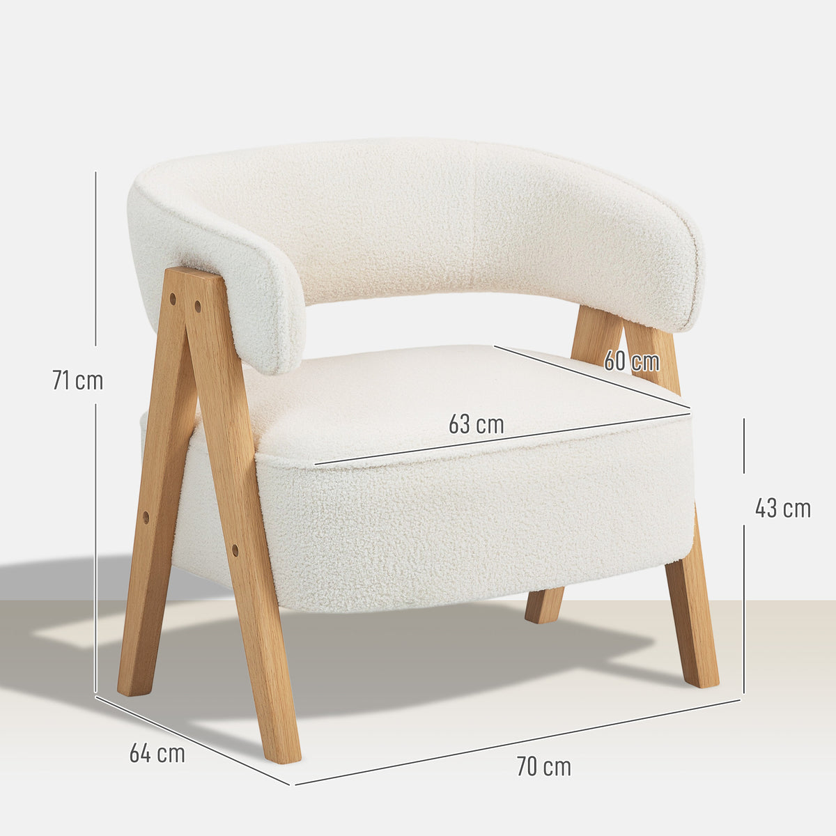 Fauteuil de salon en tissu bouclette, chaise rembourrée, assise large, dossier ergonomique, 70 x 64 x 71 cm, blanc-2