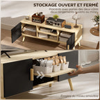 Meuble TV meuble télé bois banc TV jusqu'à 50 pouces avec étagères, 2 placards et passe-câbles, chêne-3