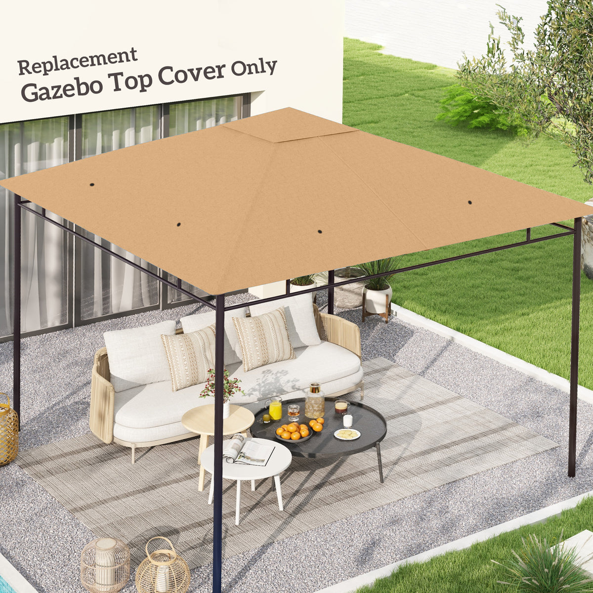 Toile de rechange pour pavillon toit de remplacement gazebo tissu polyester haute densité 180 g/m² anti-UV 3 x 3 m beige-1