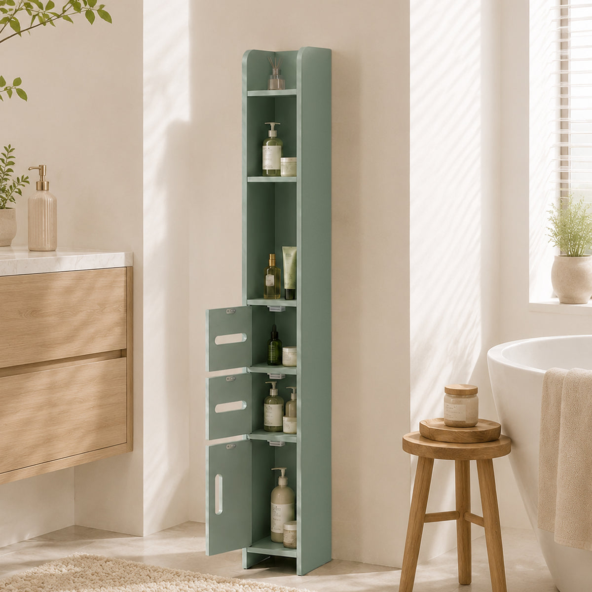 Meuble Colonne de Salle de Bain, Armoire Toilette Haute avec Étagères et Placards - 15 x 17 x 120 cm, Vert Clair-7