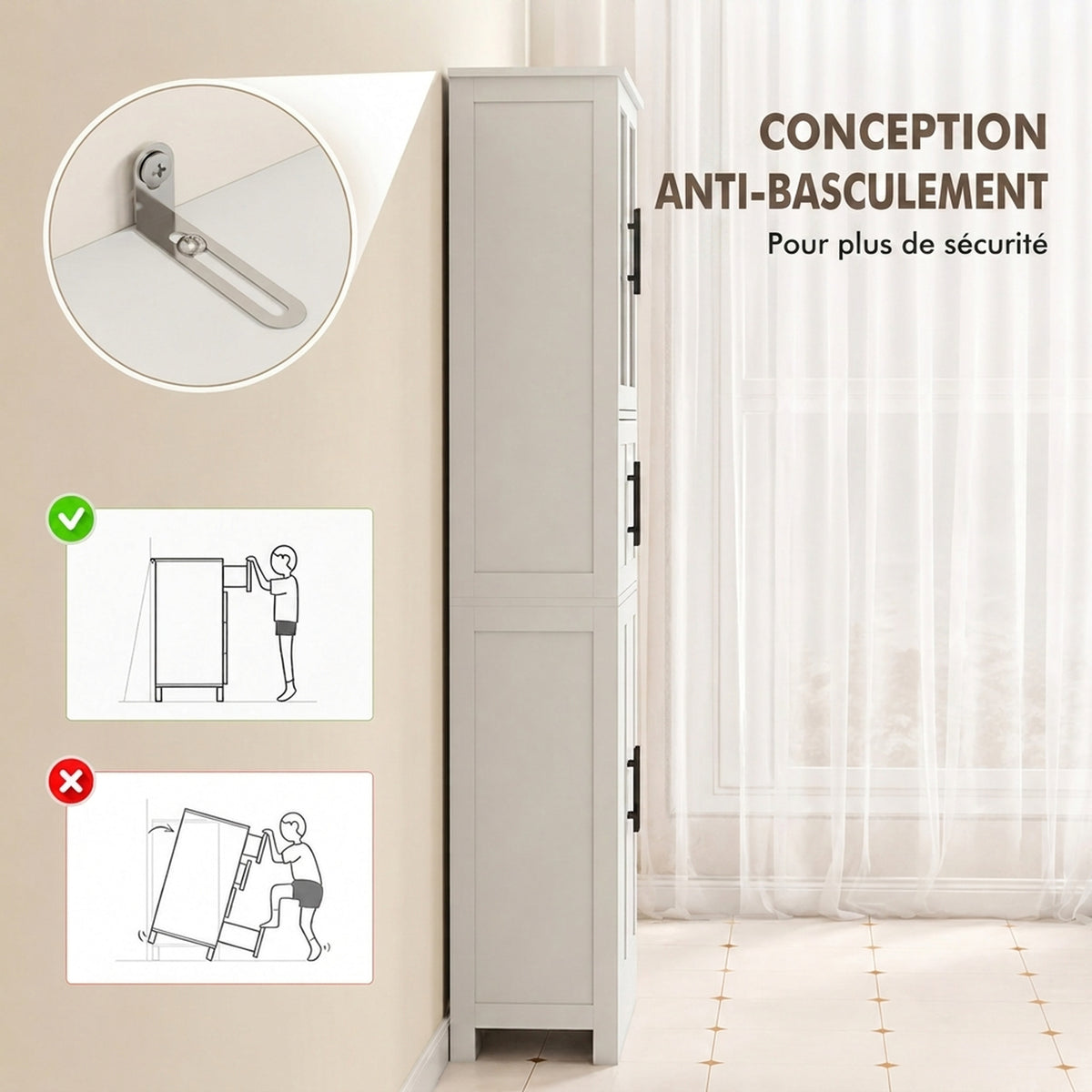 Meuble de salle de bain, meuble de rangement 6 niveaux, 6 portes dont 2 vitrées, étagères réglables, 60x30x170cm, blanc-6