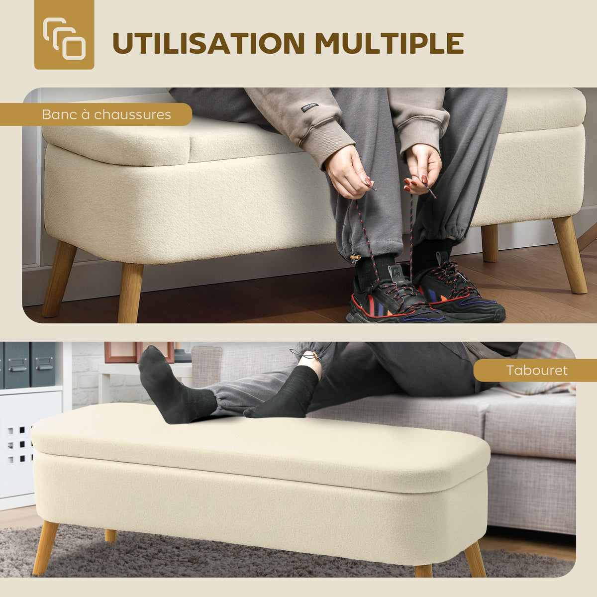 Banc de rangement, bout de lit avec couvercle, pieds en bois, capacité 65 L, jusqu'à 220 kg, 120x42x45cm, beige-5