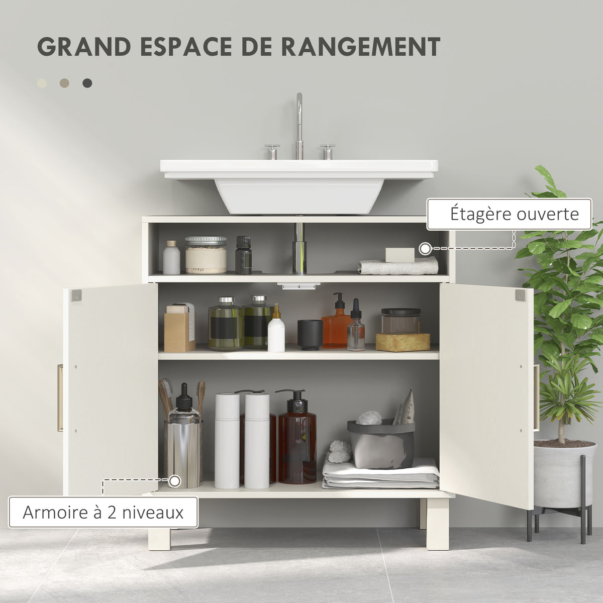 Meuble salle de bain sous lavabo meuble sous lavabo placard 2 portes avec étagère réglable 60 x 30 x 63 cm blanc-4