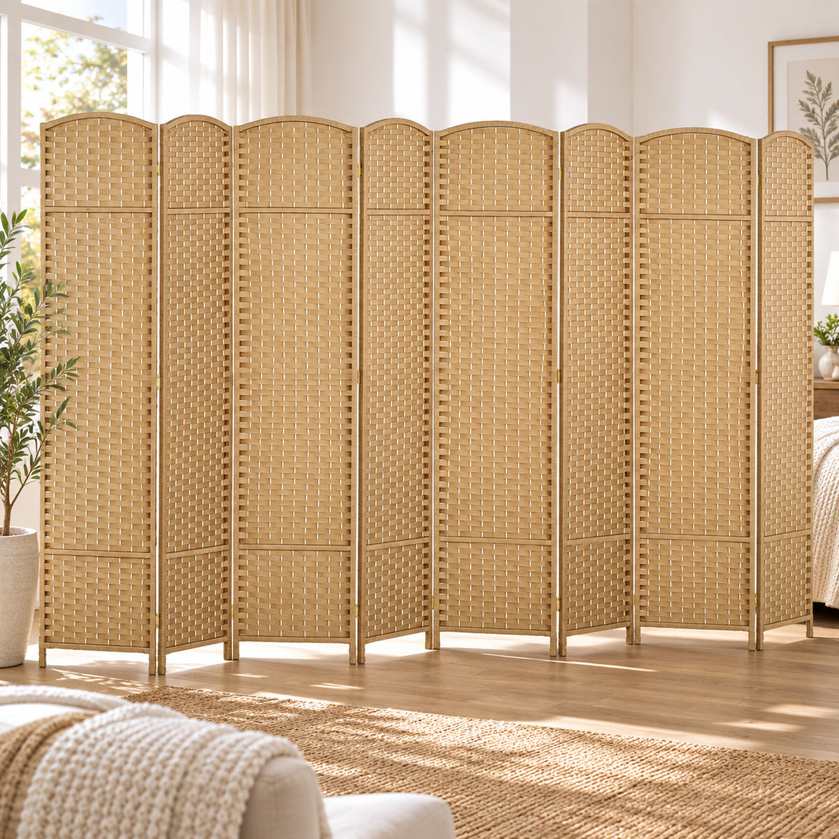 Paravent interieur en bois 8 panneaux 320 x 170 cm séparateur de pièce pliable pour salon, chambre à coucher, naturel-7