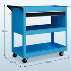 Chariot d'atelier servante atelier à 3 niveaux avec tiroir, porte-outils latéral et poignée, 82x35x76 cm, bleu-2