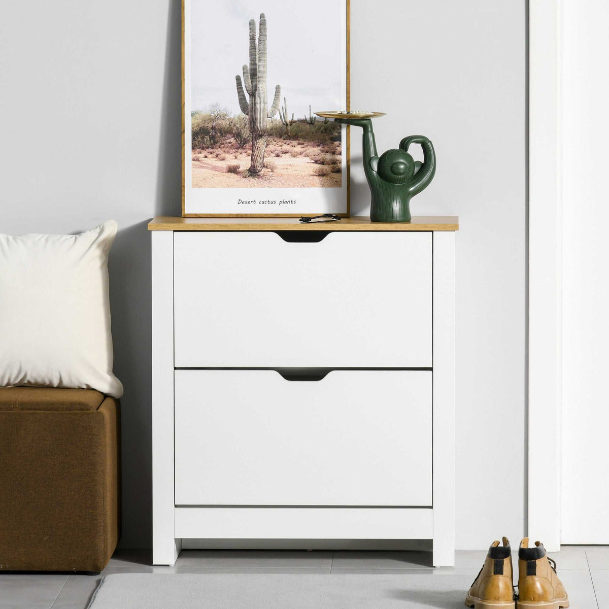 Meuble à chaussures 12 paires, armoire à chaussures étroite avec 2 tiroirs rabattables et étagères réglables, style moderne, pour couloir, entrée, 72 x 26 x 80 cm, blanc et bois naturel-3