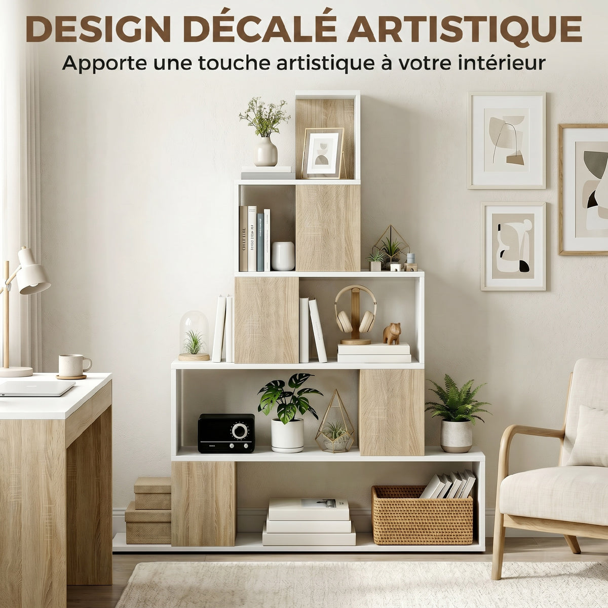 Étagère de rangement, bibliothèque géométrique à 5 niveaux, pour bureau, salon, chambre, blanc et bois naturel-3