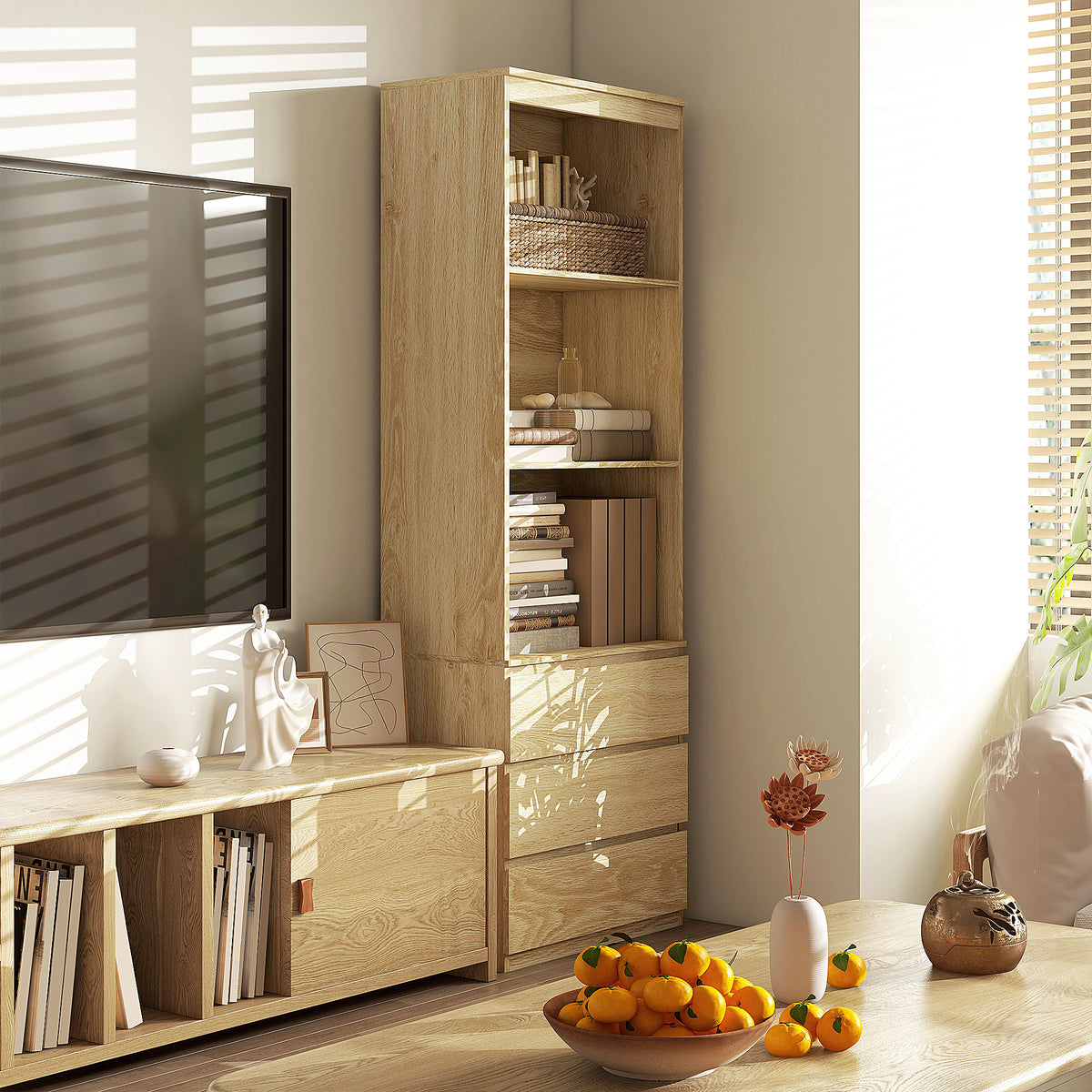Bibliothèque haute de 180 cm avec 3 étagères et 3 tiroirs dim. 60L x 35l x 180H cm Panneaux Particules effet bois-1