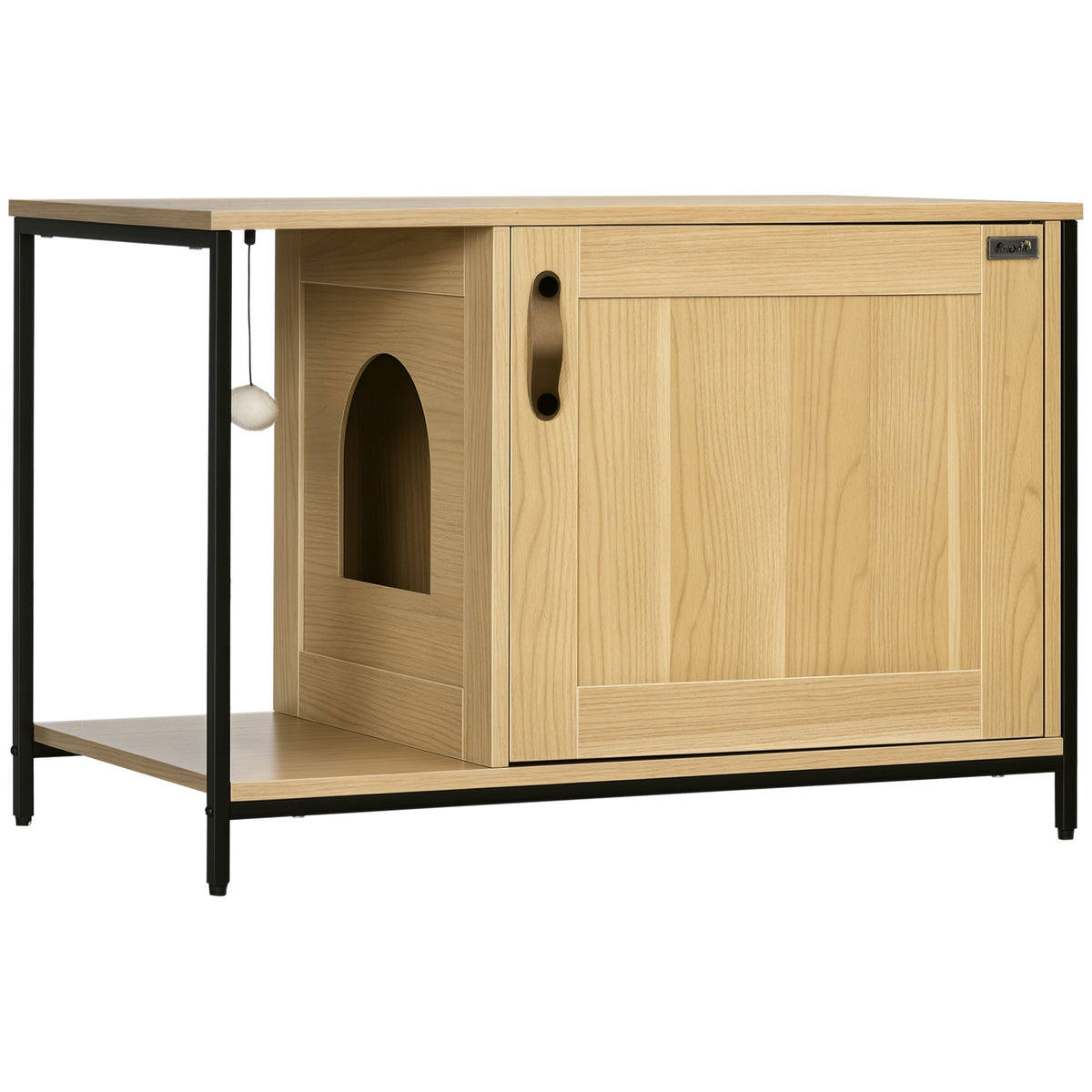 Maison de toilette pour chat style industriel porte entrée latérale boule suspendue châssis acier aspect bois clair-0
