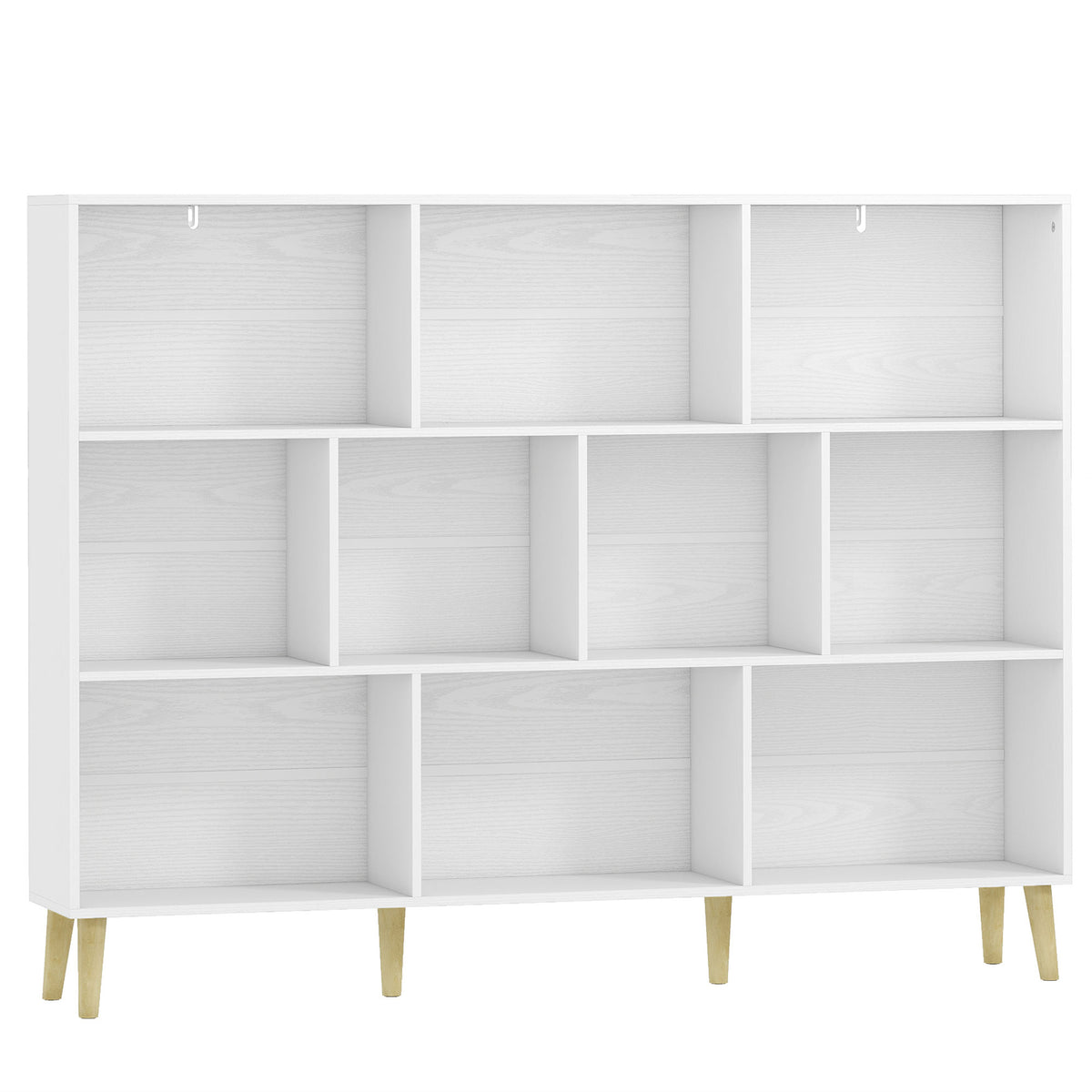Bibliothèque à 3 Niveaux avec 10 Compartiments, Étagère de Rangement avec Pieds en Bois Massif, Effet Bois Blanc-0