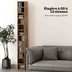 Rangements pour CD et DVD avec 12 compartiments, capacité max. 204 CD, 21 x 20 x 175 cm, brun rustique-3