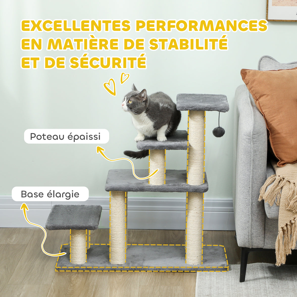 Escalier pour animaux domestiques réglable 3/4 marches échelle pour chat chien griffoirs sisal 70 x 32 x 68 cm gris-3