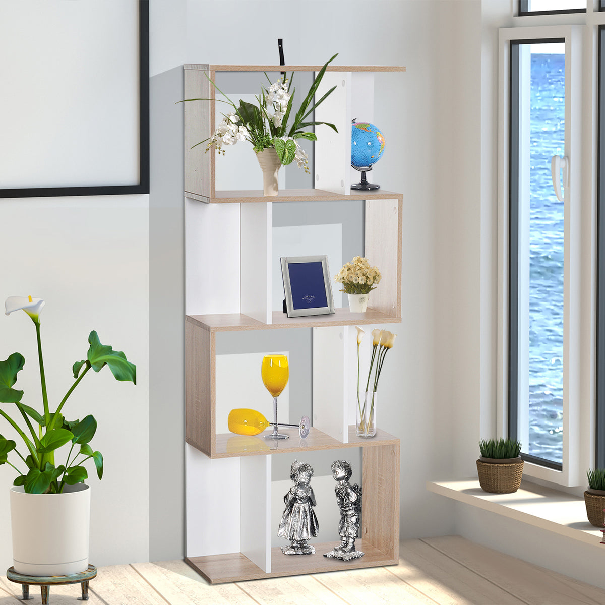 Bibliothèque à 4 niveaux, meuble de rangement en forme de S avec étagères, étagère de rangement pour salon, chambre bureau, 60 x 24 x 148 cm, bois naturel et blanc-6