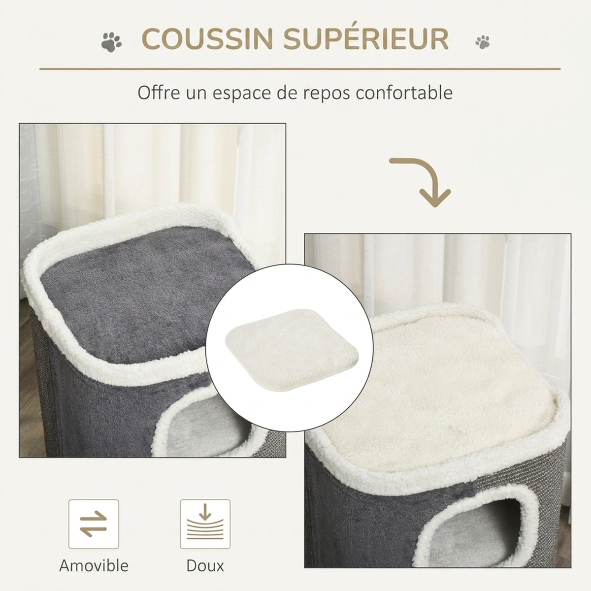 Tonneau à Gratter pour Chat 3 Niveaux en Peluche et Sisal, 3 Zones, 2 Grands Trous Interconnectés, 40x40x74cm, Gris-6