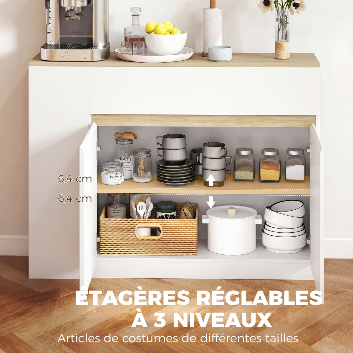 Buffet meuble de rangement avec 2 tiroirs 3 étagères ouvertes et placard 2 portes 110 x 29,5 x 82 cm blanc-4