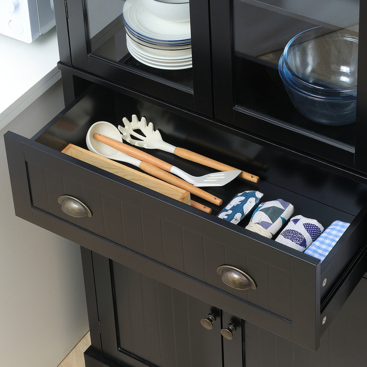 Buffet meuble cuisine rangement armoire de cuisine 4 portes dont 2 portes vitrées et 1 tiroir étagères réglables - noir-6