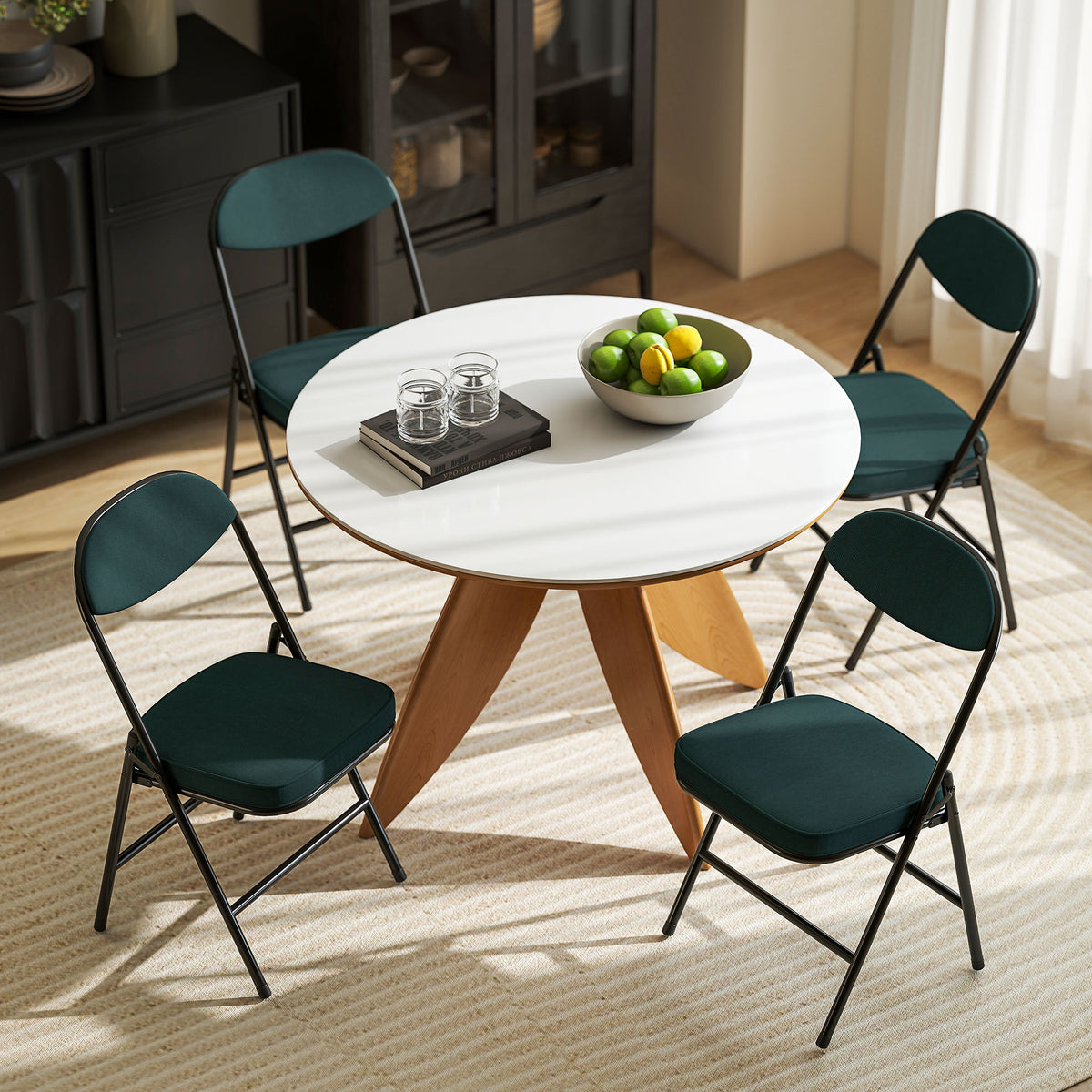 Lot de 4 chaises pliantes chaises de salle à manger portables avec assises et dossiers rembourrés en velours côtelé bleu-7