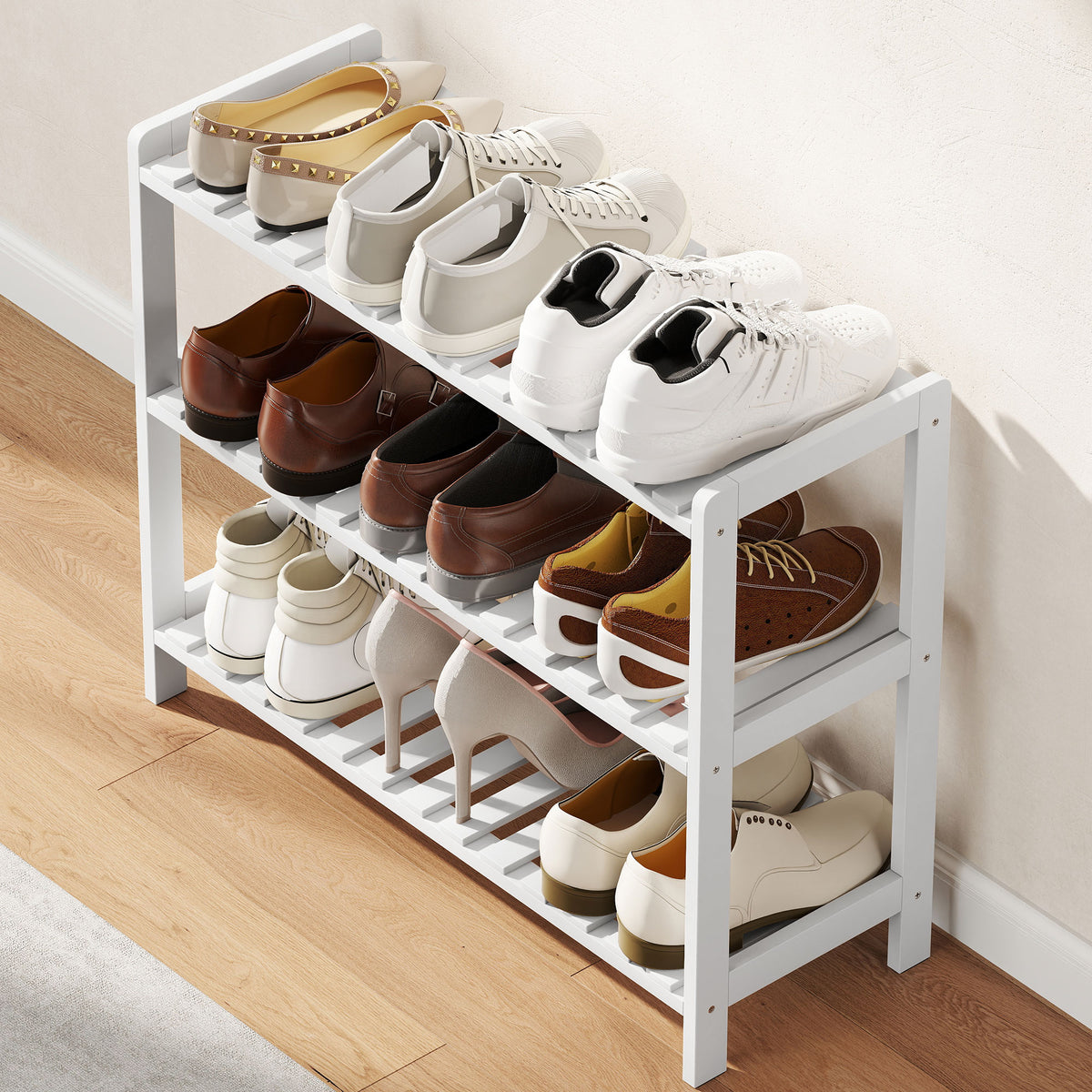 Étagère à chaussures, porte-chaussures 3 niveaux, étagères à lattes, en bois de pin， 70 x 26 x 57,5 cm, blanc-6
