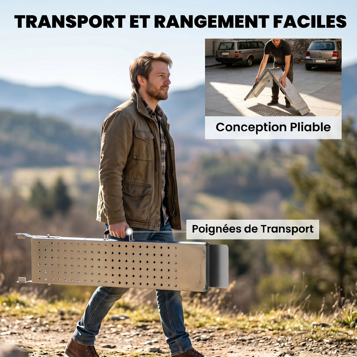 Lot de 2 Rampes de Chargement Pliantes avec Poignées et Surface Antidérapante, Charge Max. 400 kg, 180 x 25,5 cm, Argent-4
