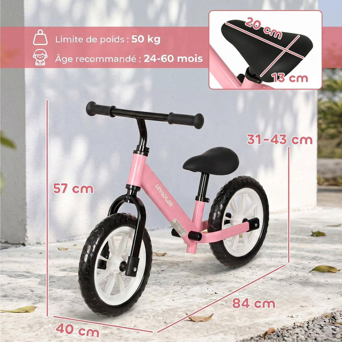 Draisienne Enfant 2-5 Ans, Roues Lumineuses, Siège Guidon Réglables, Pneus EVA Silencieux, Charge 50kg, 84x40x57cm, Rose-2