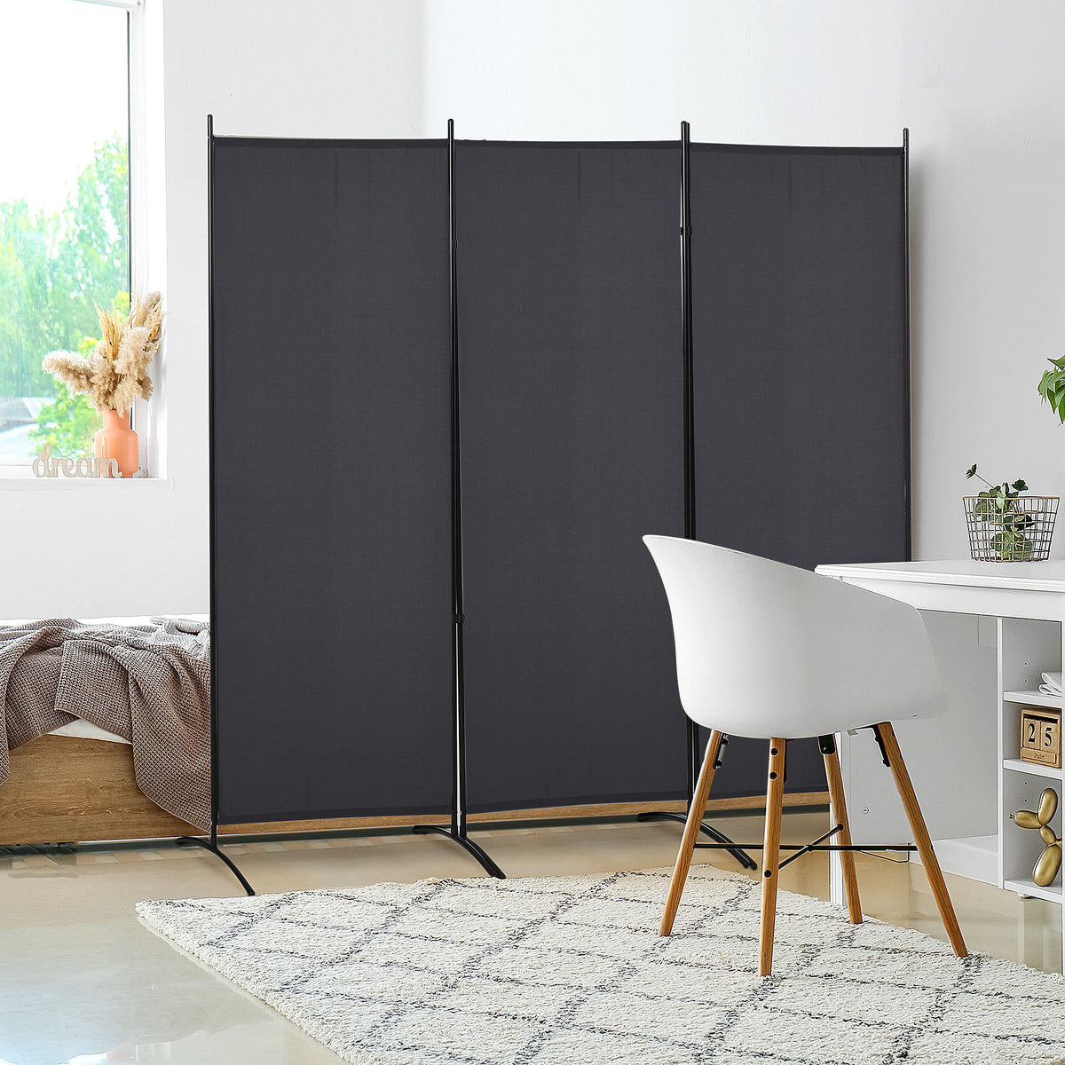 Paravent 3 panneaux dim. 2,53L x 0,5l x 1,82H m Store latéral Brise-Vue paravent sur Pied séparateur métal Polyester-1
