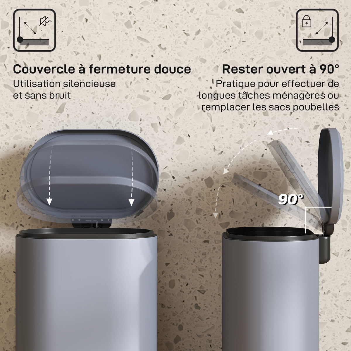 Poubelle cuisine 6L, poubelle à pédale en métal avec seau intérieur, couvercle à fermeture douce, 24,5x21,5x29,5cm, gris-6