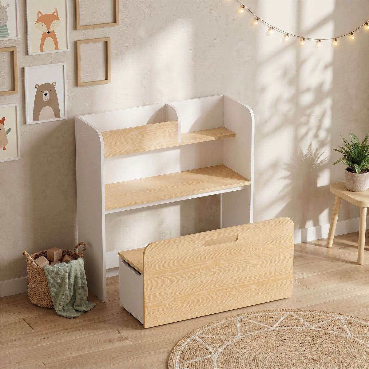 Bureau et Chaise pour Enfant 5 en 1 avec Bibliothèque et Banc Coffre à Roulettes, pour 3 à 8 Ans, Blanc-1