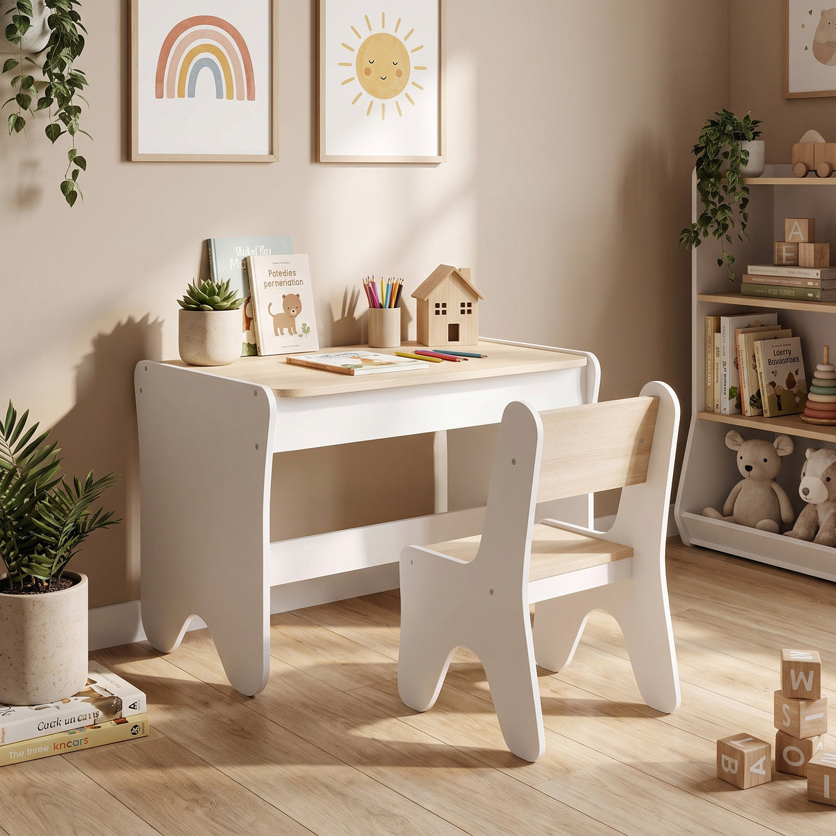 Bureau et Chaise pour Enfant 2 Pièces, Ensemble Table d'Activité avec Tiroir, 3 à 8 Ans, Blanc et Bois Naturel-8