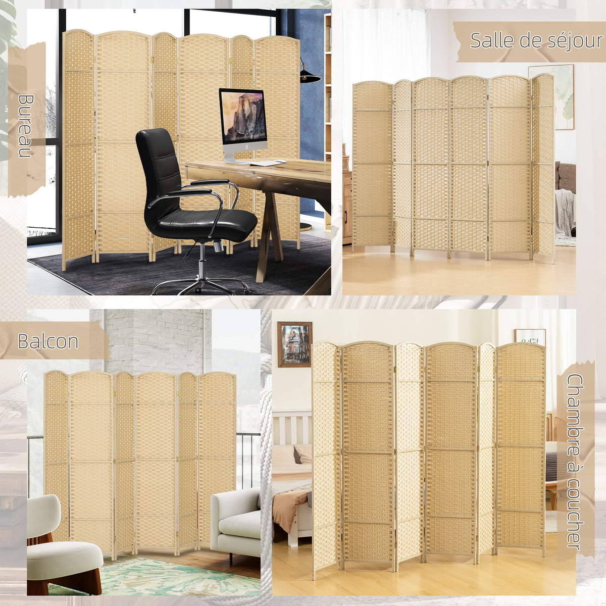 Paravent interieur en bois 6 panneaux 240 x 170 cm séparateur de pièce pliable pour salon, chambre à coucher, naturel-6